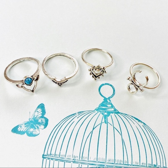Boho Goddess Turquoise Moon Silver 4pc Ring Set - Picture 5 of 6